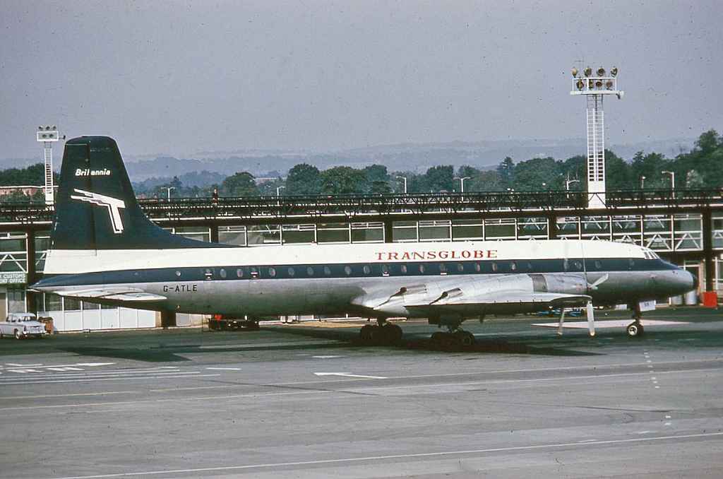 Transglobe Bristol Britannia G-ALTE at Gatwick late 1960s.