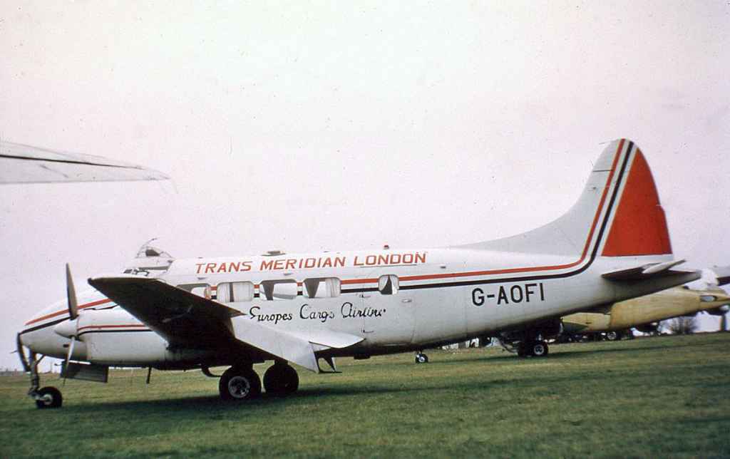 Trans Meridian London Europe's Cargo Airline De Havilland Dove G-AOFI circa late 1960s.