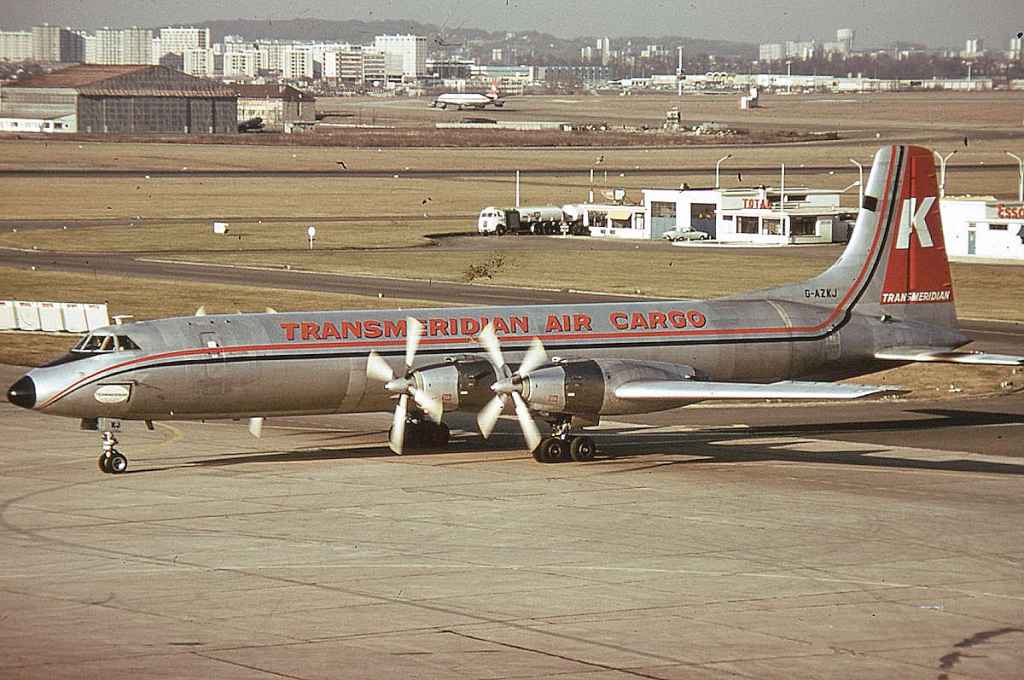 Transmeridian Air Cargo Seabird CL-44 G-AAZKJ at Paris May 1974.
