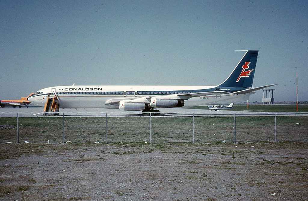 Donaldson International Airlines 707-321 G-AYVG on a IT charter visit at Vancouver May 1973.