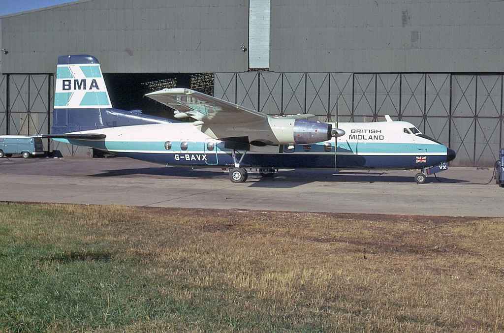 British Midland Airlines Handley Page Dart Herald G-BAVX possibly at East Midlands Airport October 1973.
