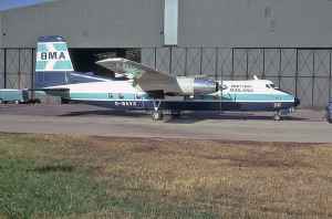 British Midland Airlines Handley Page Dart Herald G-BAVX possibly at East Midlands Airport October 1973.