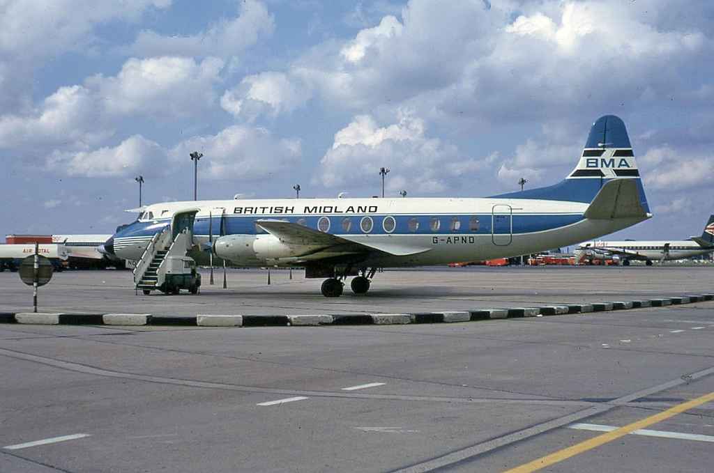 British Midland Viscount 800 G-APND former Arkia Israel livery at London Heathrow August 1973.