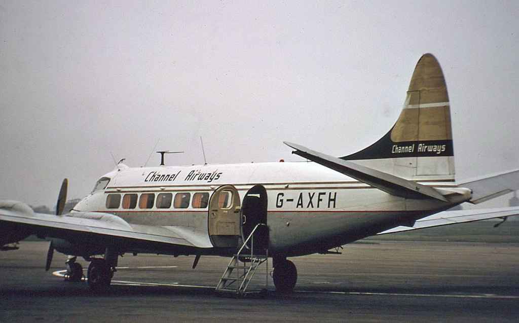 Channel Airways De Havilland Heron G-AXFH March 1970 possibly at Southend.