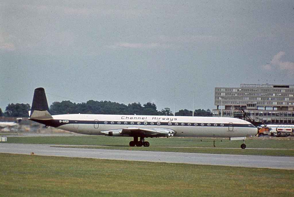 Channel Airways Comet 3 G-ARDI former Olympic Airways at London Gatwick circa late 1960s.