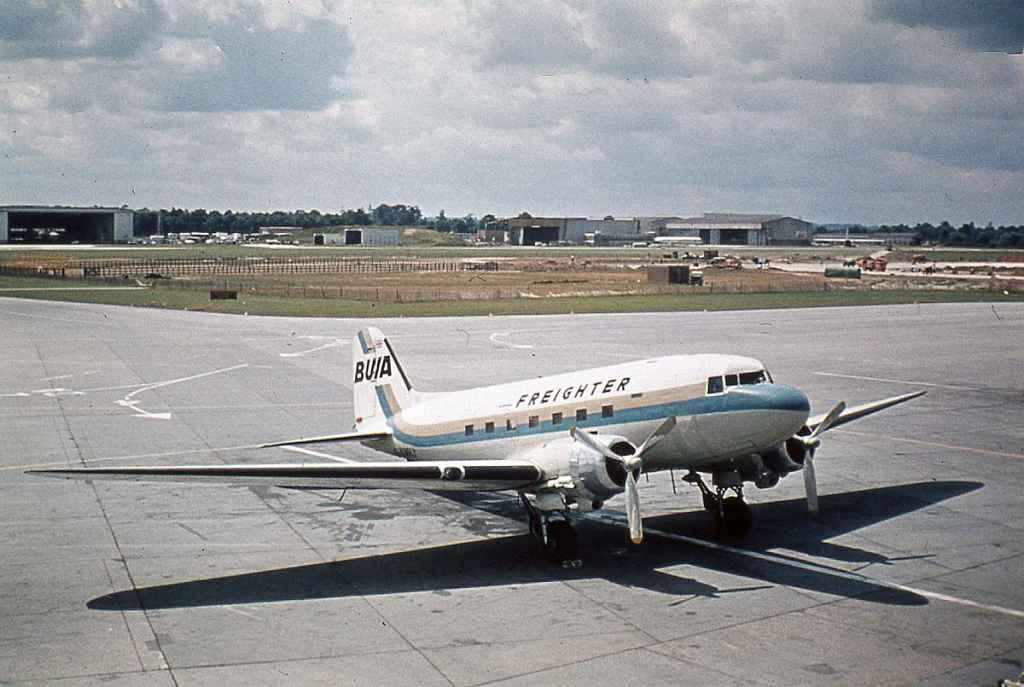 British United Airways DC-3 freighter G-AVHJ at London Gatwick circa 1968.