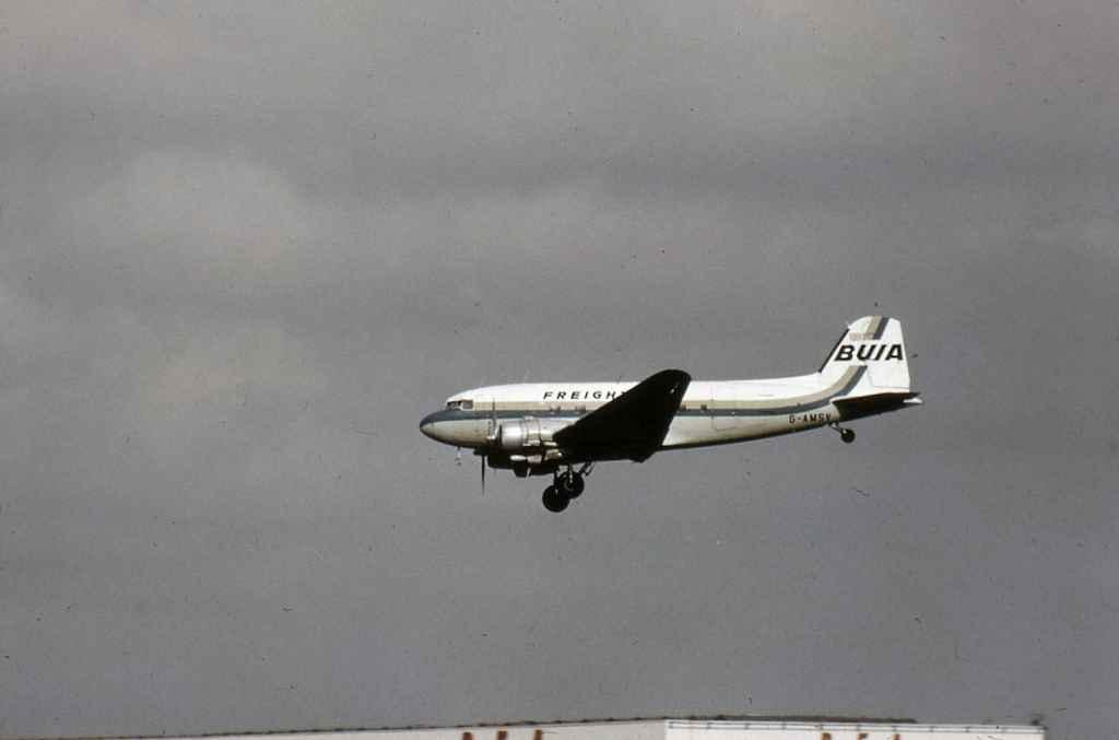 British United Airways DC-3 freighter G-AMSV arriving London Heathrow circa 1968.