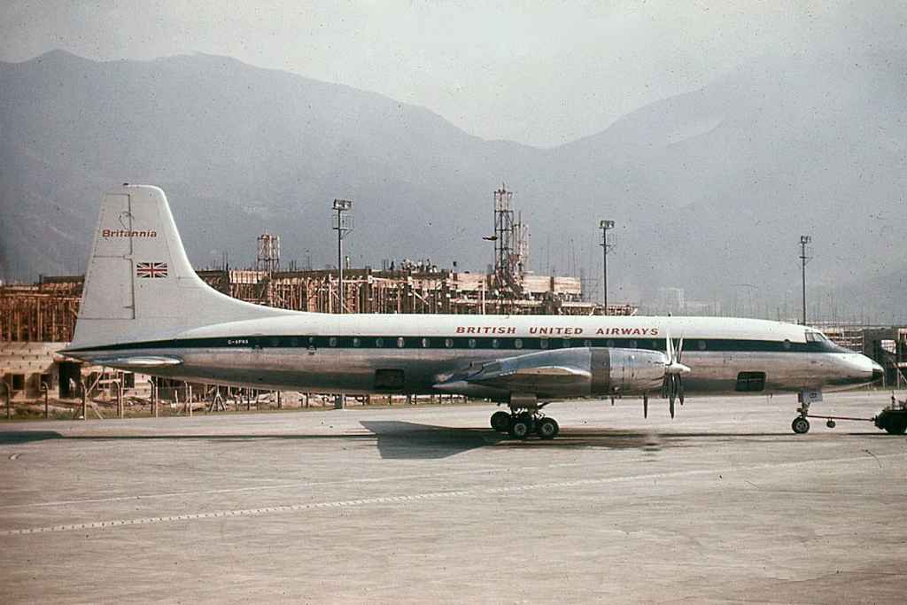 British United Airways Bristol Britannia at Hong Kong Kai Tak circa very early 1960s.