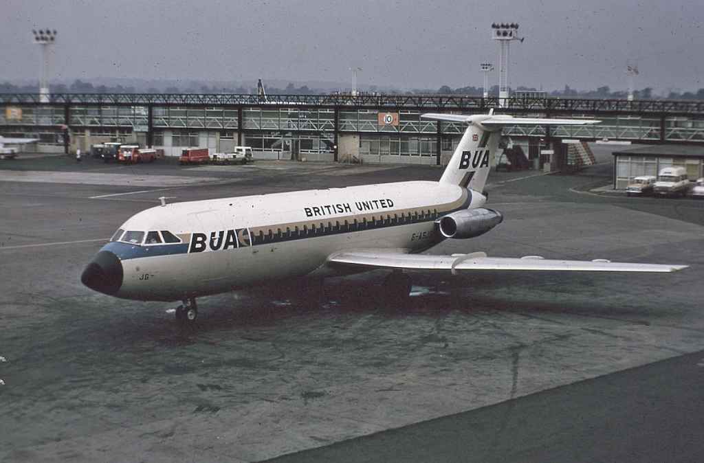British United BAC One Eleven G-ASJS at London Gatwick October 1970.