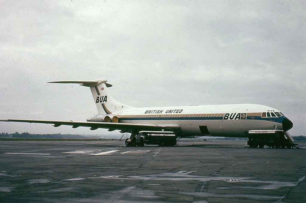 British United VC-10 G-ATDJ at London Gatwick circa 1967.