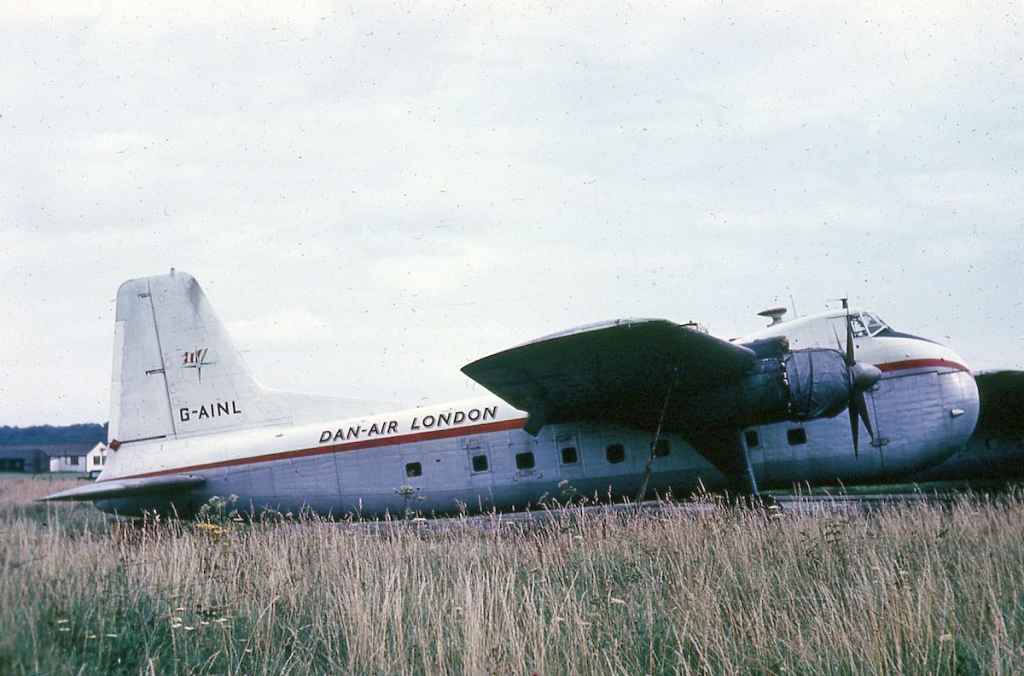 Dan-Air London Bristol Freighter Mark 31 G-AINL in storage at Lasham circa mid to late 1960s.