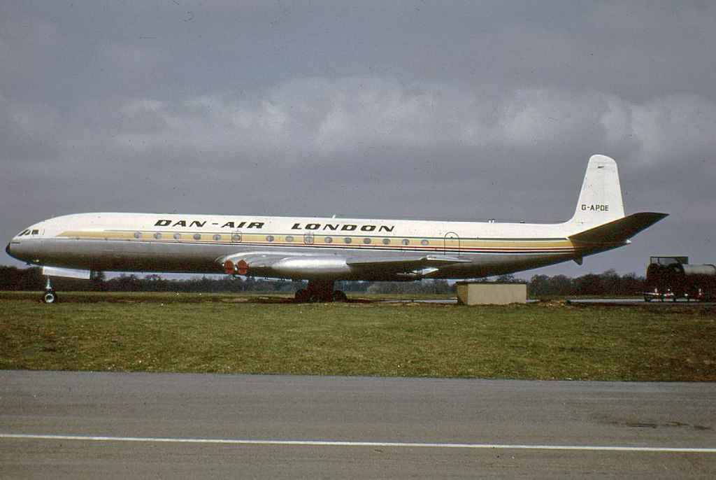 Dan-Air London De Havilland Comet 4 G-APDE at Lasham circa 1970 in former East African Airways livery.