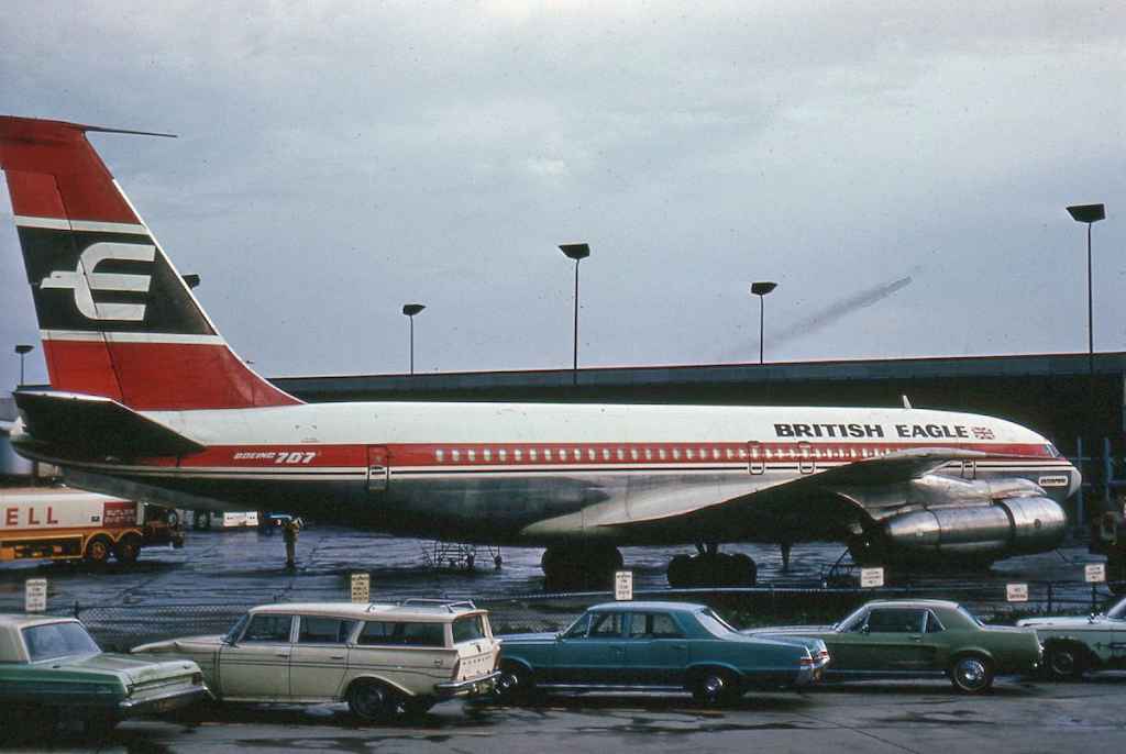 British Eagle Boeing 707-138B reg not visible circa late 1960s at London Heathrow.