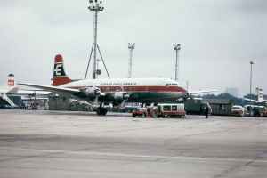 Cunard Eagle Airways DC-6 no reg visible at London Heathrow circa 1962.