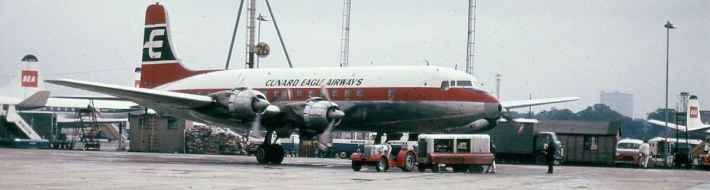 British Independent Airlines 1960s-1970s: Laker / Cunard / British Eagle / Loganair / Others – Part 3 – A Photo History Cunard Eagle Airways DC-6 no reg visible at London Heathrow circa 1962.