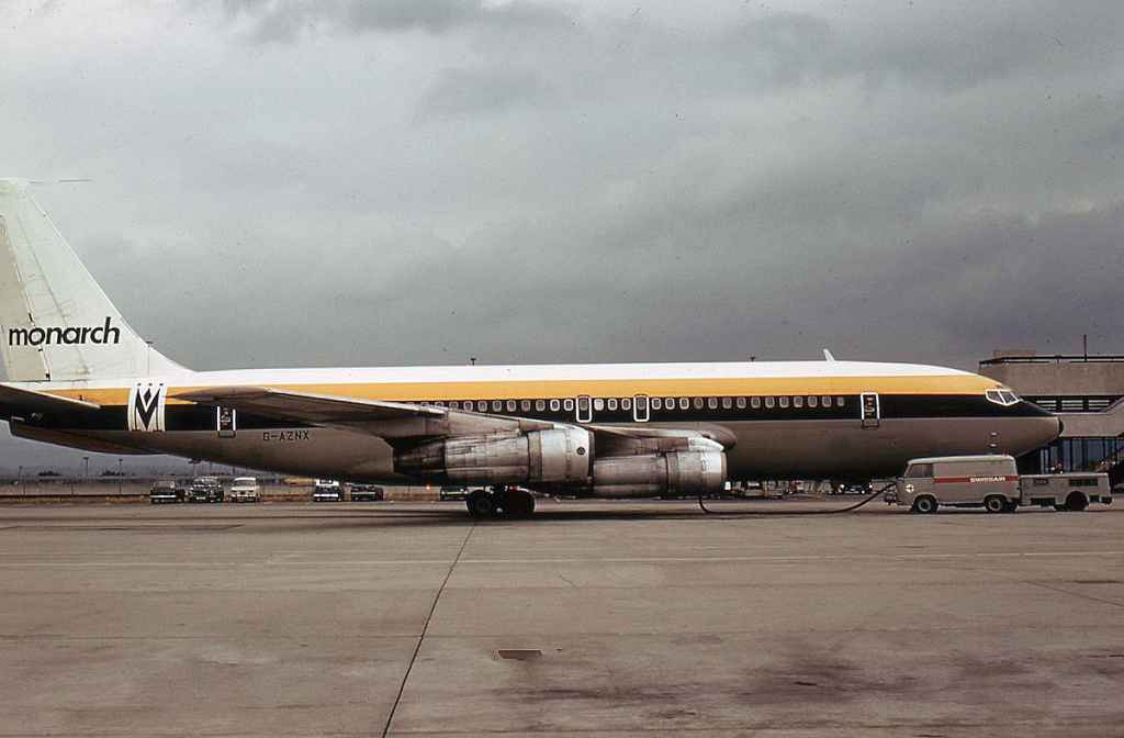 Monarch International Boeing 707-138B G-AZNX at London Luton airport May 1974.