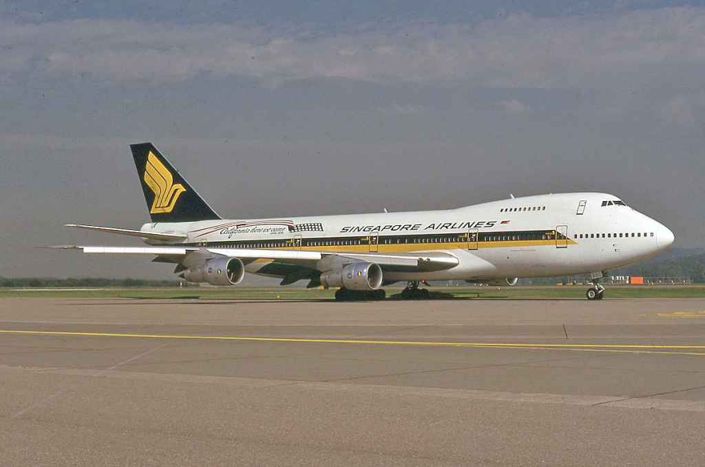 Singapore Airlines 747 classic 9V-SQC at Zurich Kloten September 1978 with California Here we Come stickers.
