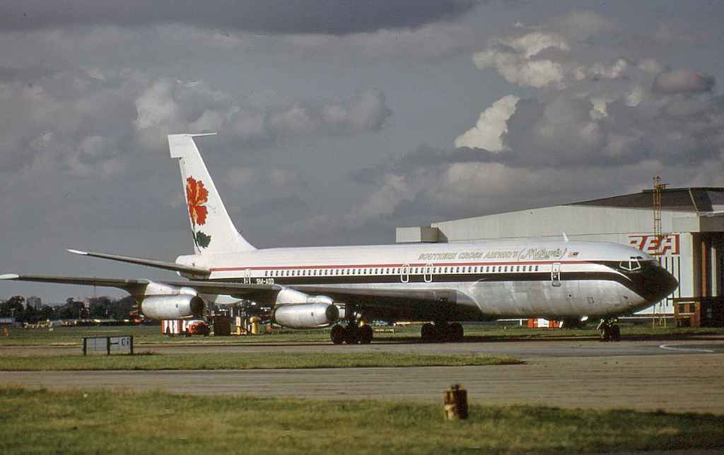 Southern Cross Airways of Malaysia 707-321 9M-AQD at London Heathrow August 1973.