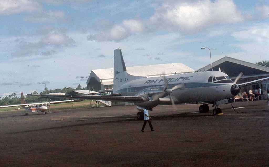 Air Pacific HS748 DQ-FBH at Nadi Fiji February 1976.