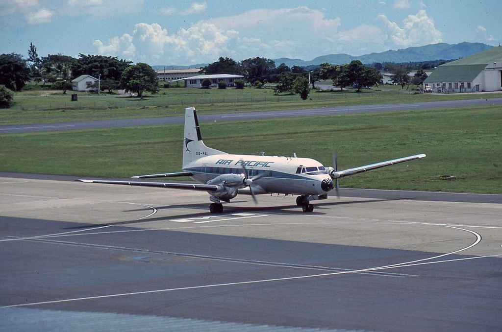 Air Pacific HS748 DQ-FAL at Nadi Fiji February 1976.