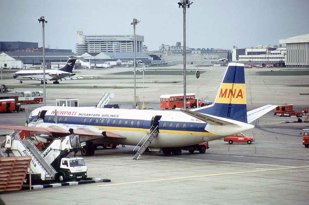 MERPATI Nusantara Airlines Vickers Vanguard (former BEA) PK-MVJ at London Heathrow May 1973.