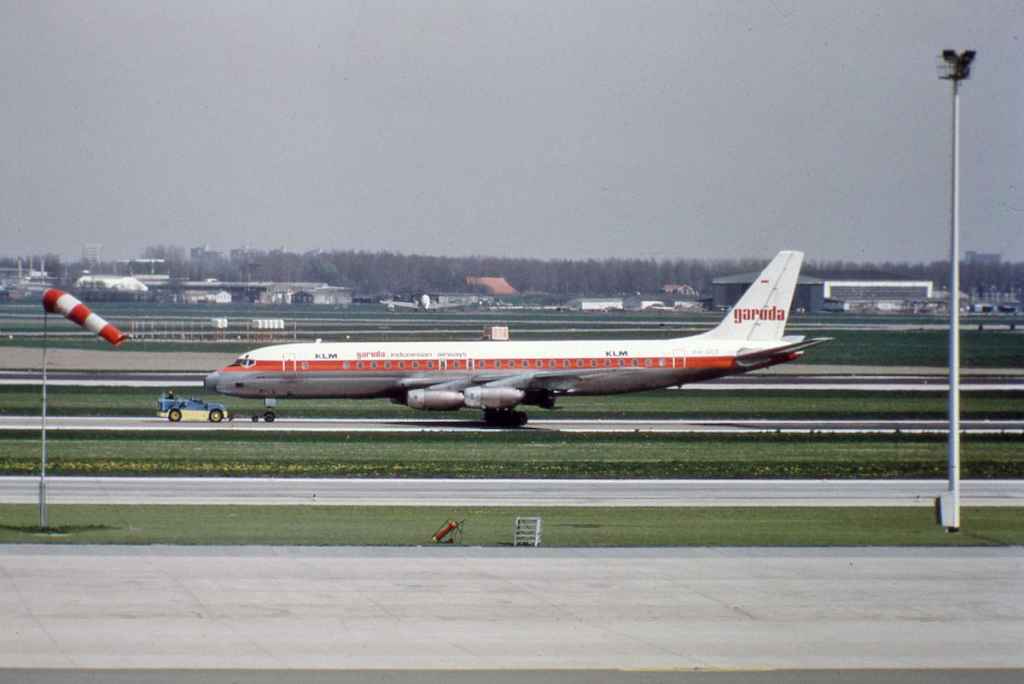Garuda leased from KLM DC-8-30 PH-DCF at Amsterdam circa early 1970s.