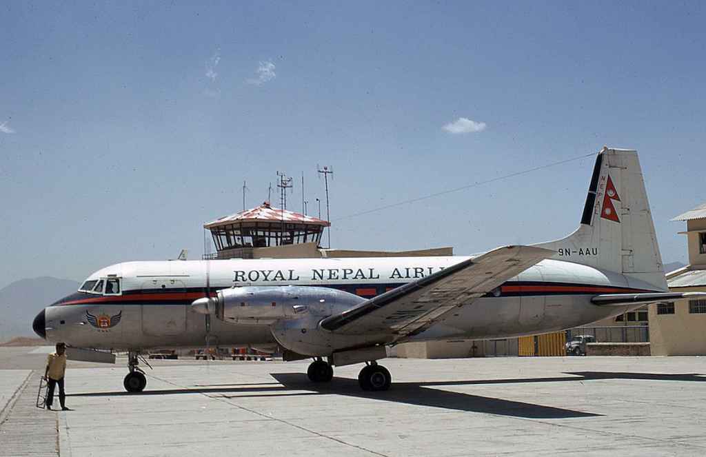 Royal Nepal Airlines HS748 9N-AAU at Katmandu April 22, 1973.